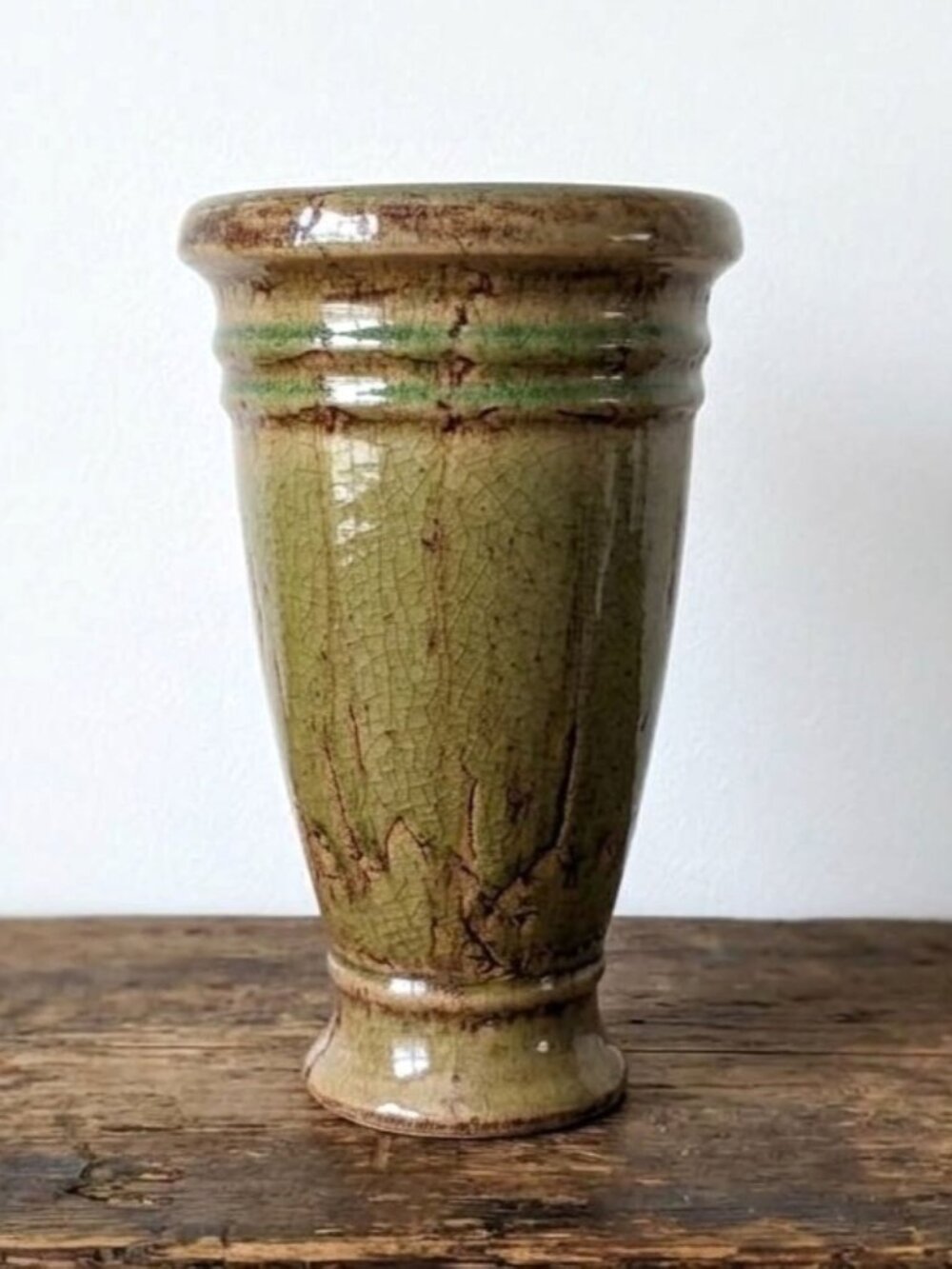 Vintage Green Crackle Drip Glaze Cement Vase 9.5" Distressed Rustic Pottery